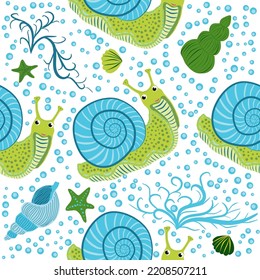 Snail, sea inhabitants seamless pattern, beautiful character among seashells, seaweed, starfish, sea animals of wildlife.