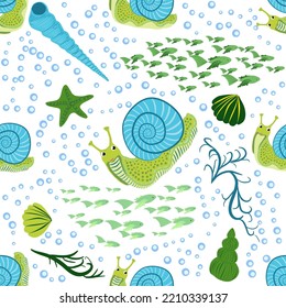 Snail, sea inhabitants seamless pattern, beautiful character among seashells, seaweed, starfish, sea animals of wildlife.