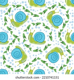 Snail, sea inhabitants seamless pattern, beautiful character among seashells, seaweed, starfish, sea animals of wildlife.