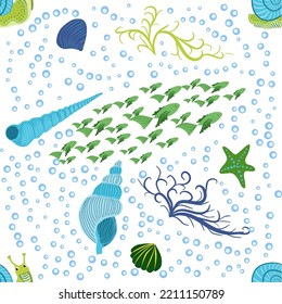 Snail, sea inhabitants seamless pattern, beautiful character among seashells, seaweed, starfish, sea animals of wildlife.