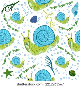 Snail, sea inhabitants seamless pattern, beautiful character among seashells, seaweed, starfish, sea animals of wildlife.