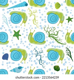 Snail, sea inhabitants seamless pattern, beautiful character among seashells, seaweed, starfish, sea animals of wildlife.