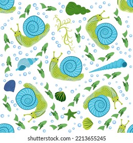 Snail, sea inhabitants seamless pattern, beautiful character among seashells, seaweed, starfish, sea animals of wildlife.