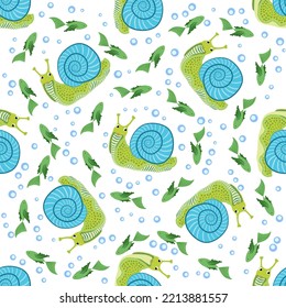 Snail, sea inhabitants seamless pattern, beautiful character among seashells, seaweed, starfish, sea animals of wildlife.