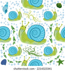 Snail, sea inhabitants seamless pattern, beautiful character among seashells, seaweed, starfish, sea animals of wildlife.