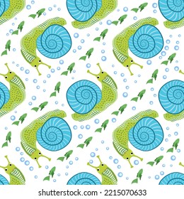 Snail, sea inhabitants seamless pattern, beautiful character among seashells, seaweed, starfish, sea animals of wildlife.