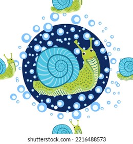 Snail, sea inhabitants seamless pattern, beautiful character among seashells, seaweed, starfish, sea animals of wildlife.