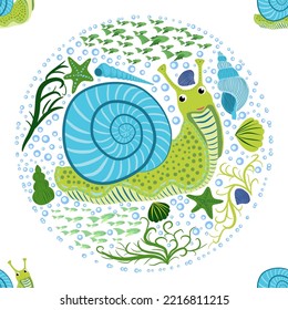 Snail, sea inhabitants seamless pattern, beautiful character among seashells, seaweed, starfish, sea animals of wildlife.