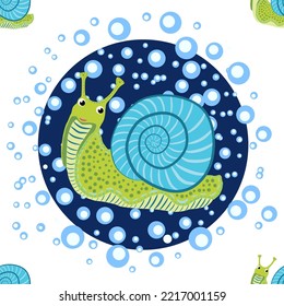 Snail, sea inhabitants seamless pattern, beautiful character among seashells, seaweed, starfish, sea animals of wildlife.