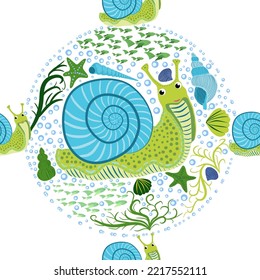 Snail, sea inhabitants seamless pattern, beautiful character among seashells, seaweed, starfish, sea animals of wildlife.