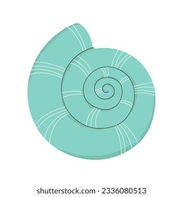 Snail sea shell. Marine underwater twisted seashell of spiral shape. Undersea mollusc. Swirled mollusk, shellfish. Under water conch, clam. Flat vector illustration isolated on white background