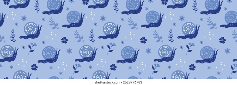 Snail Seamless Pattern Background. Cute Snail, flower, leaves illustration pattern. Snail, childish background. Perfect for fabrics, textile, wallpaper, decor. SSTKbackgrounds