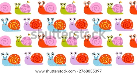 Snail seamless pattern cute cartoon mollusk horizontal layout background