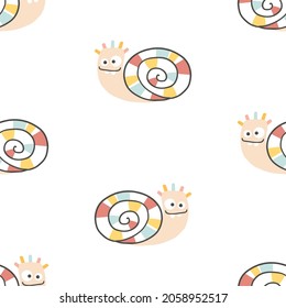 Snail seamless pattern. Funny Monster in striped. Cute cartoon character in simple hand-drawn Scandinavian style. Vector childish doodle illustration. Baby textiles, fabric, digital paper