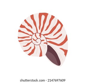 Snail seashell. Marine underwater swirled sea shell of round spiral shape. Undersea mollusc. Mollusk, shellfish. Under water bicolor striped clam. Flat vector illustration isolated on white background