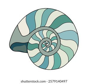 Snail seashell. Marine underwater swirled sea shell of round spiral shape. Undersea mollusc. Mollusk, shellfish. Under water bicolor striped clam. Flat vector illustration isolated on white background