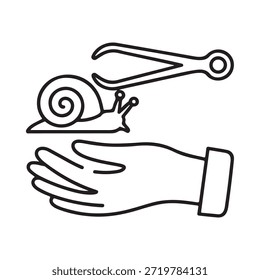 A snail seemingly carrying a pair of pliers on its back above a hand