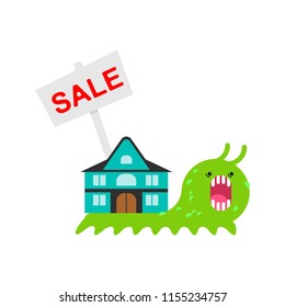 Snail selling house. Slug Home sale. Vector illustration
