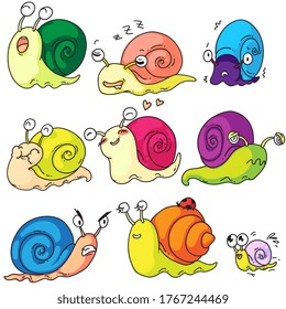 Snail set. Cute cartoon snail character and mollusk kid with shell set isolated on white background. Funny creature showing different emotion. Snail-paced slug mascot vector illustration