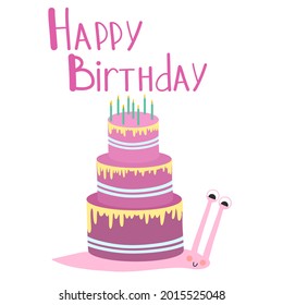 Snail shell in the form of pink birthday cake with candles in trendy vector flat style. Hand drawn greeting postcard with lettering. Birthday pie illustration for card.