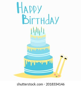 Snail shell in the form of turquoise birthday cake with candles in trendy vector flat style. Hand drawn greeting postcard design with lettering. Birthday pie illustration for card.