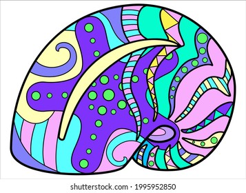 Snail shell - vector linear full color zentangle illustration - with sea animal living in the ocean. Template for stained glass, batik or coloring. Zentangled clam shell
