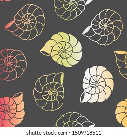 snail shells, gradient, on dark gray background. Vector pattern.