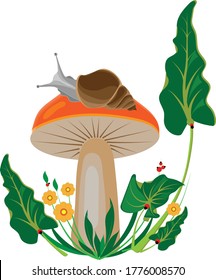 A snail sits on a mushroom with an orange hat surrounded by green leaves and flowers. Vector illustration for design.