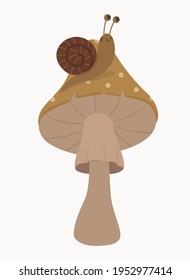 A snail sits on a mushroom with an yellow hat. Cartoon vector illustration