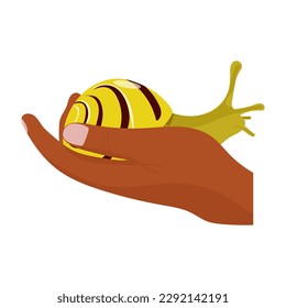 Snail sitting on a human hand. Snail-pet interacts with a person concept. Vector illustration.