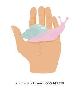 A snail sitting on the palm of a human. Vector design for pet stores, snail care websites and  products.