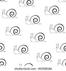 Snail sketch seamless pattern. Snail outline on white background, wallpaper with snails.