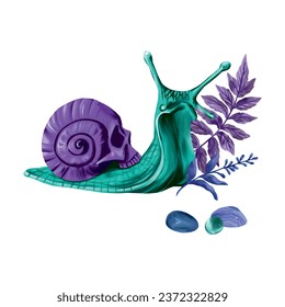 Snail, skull, stones and leaves. Vector illustration for esoteric and halloween. Composition for greeting cards, holiday banners, flyers, covers.