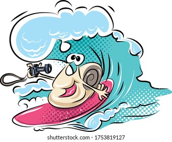 The snail slowly glides along the wave and makes selfie smiling