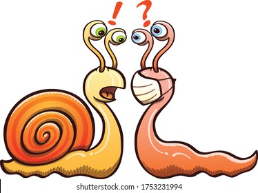 A snail and a slug meet. The snail's carrying its home shell and the slug's wearing a face mask. The snail's surprised about the slug wearing a mask and the slug doesn't understand why it's surprised