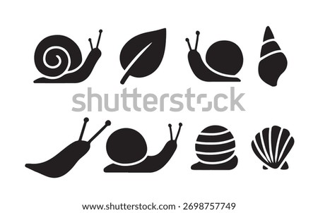 Snail slug shell icons set. mollusk gastropod and sea creature
