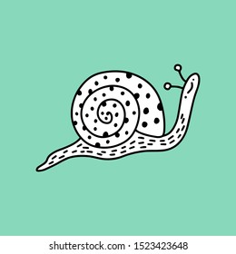 Snail smiling hand drawn animal cartoon kawaii style turquoise background black white