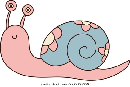 Caracol com concha de flor em espiral e rosto sorridente em desenho animado em linha limpa. Símbolo de paciência, vida lenta e humor calmo para crianças e temas da natureza. Ilustração de vetor de desenhos animados.
