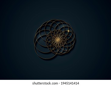 Snail spiral logo. Sea shell of gold circles. Sacred geometry logo template. Logarithmic sequences. Fibonacci spiral logo design. Golden ratio. Flower of life. Divine proportion, isolated on black