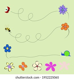 Snail and Spring Insects routes. Editable Collection of cute tiny animals to flowers in springtime.