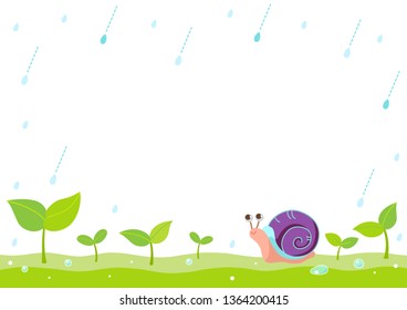 Snail and sprout on rainy day background