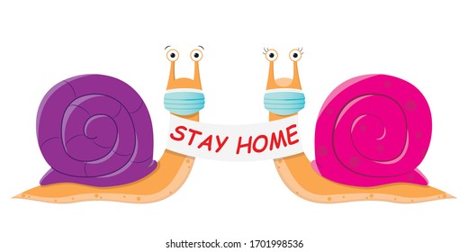 Snail stay at home. Cartoon purple and pink snail with a poster and a medical mask against the spread of the virus. Illustration in support of the fight against Covid 19 for web sites and prints.
