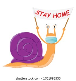 Snail stay at home. Cute cartoon purple snail with a poster and a medical mask against the spread of the virus. Vector illustration in support of the fight against Covid 19 for web sites and prints.
