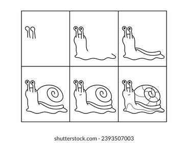 Snail. Step by step drawing. Coloring page, coloring book page. Black and white vector illustration.