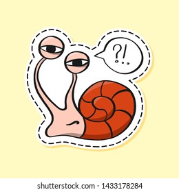 Snail sticker. Funny emoji. Nature character. Cartoon. Icon, element, design, card, gift, textile, logo. Confused, what, strange, suspicion