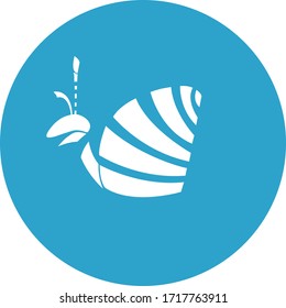 Snail, with a striped shell, in a blue circle.