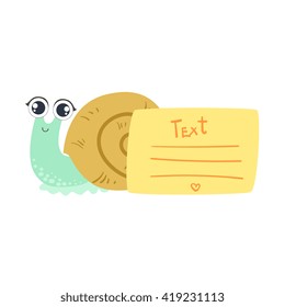 Snail With The Template For The Message Cute Childish Colorful Flat Vector Illustration On White Background
