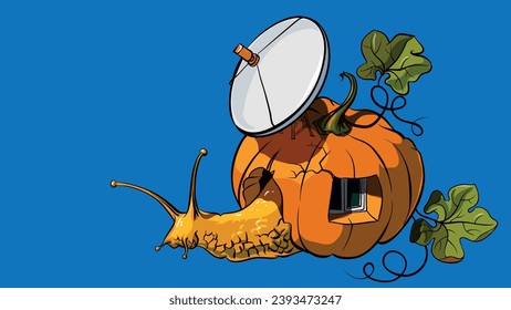 A snail that has a pumpkin with a satellite antenna instead of a shell	