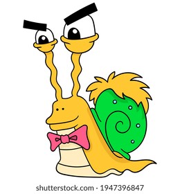 el caracol con gruesas cejas y llevando una corbata de arco está listo para la fecha, ilustración vectorial art. doodle icono imagen kawaii.