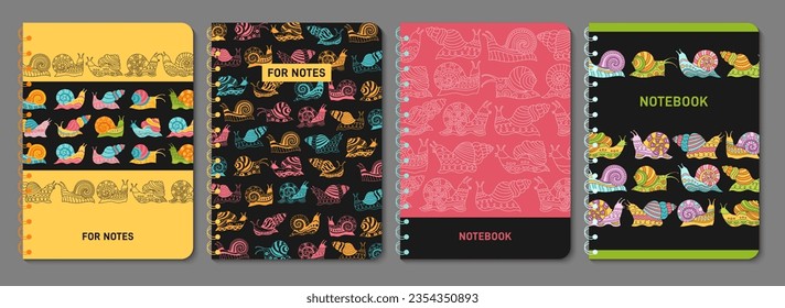 Snail trendy child notebook or notepad cover set. Mollusk with doodle ornament design for planner, brochure, book catalog. Decorative layout page print template poster with comic abstract snail vector